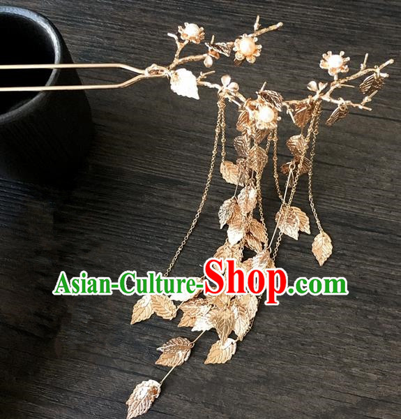 Traditional Handmade Chinese Ancient Classical Hair Accessories Hairpins Golden Leaf Tassel Hair Clips for Women