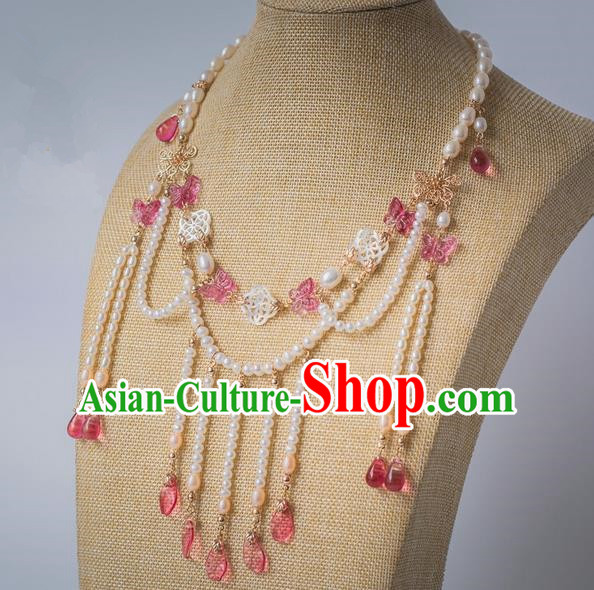 Traditional Handmade Chinese Ancient Classical Accessories Hanfu Pink Butterfly Tassel Necklace for Women