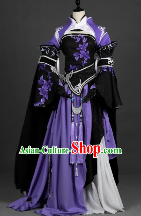 Chinese Ancient Heroine Costume Cosplay Female Knight-errant Swordswoman Purple Dress Hanfu Clothing for Women