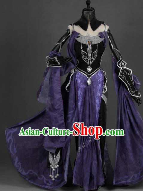 Chinese Ancient Tang Dynasty Young Lady Costume Cosplay Female Knight-errant Purple Dress Hanfu Clothing for Women