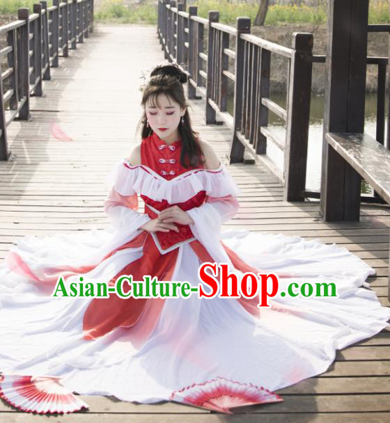 Chinese Ancient Princess Young Lady Costume Cosplay Swordswoman Red Dress Hanfu Clothing for Women