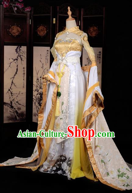 Chinese Ancient Palace Lady Costume Cosplay Princess Swordswoman Golden Dress Hanfu Clothing for Women