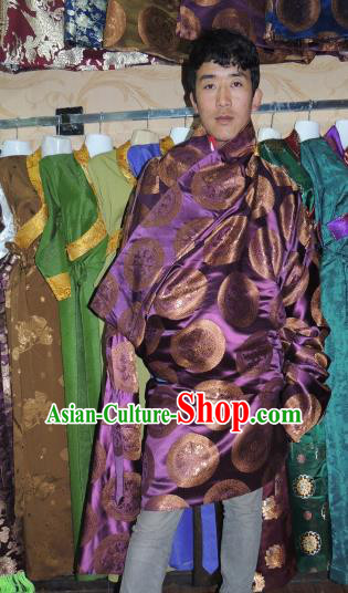 Chinese Traditional Zang Nationality Purple Tibetan Robe, China Tibetan Ethnic Heishui Dance Costume for Men