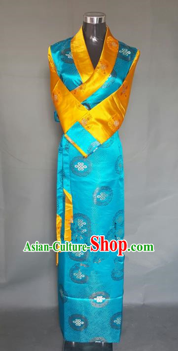 Chinese Traditional Zang Nationality Blue Brocade Dress, China Tibetan Ethnic Heishui Dance Costume for Women