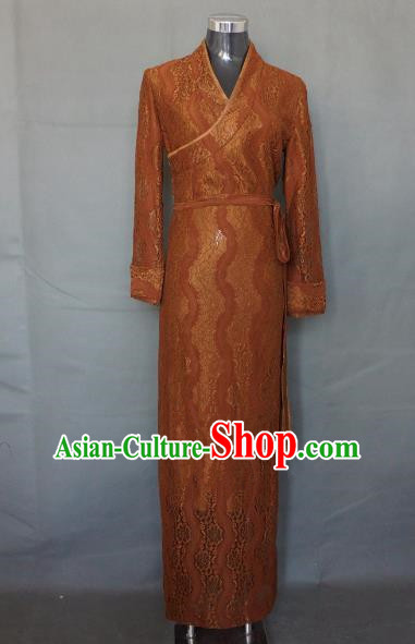 Chinese Traditional Zang Nationality Brown Lace Dress, China Tibetan Ethnic Heishui Dance Costume for Women