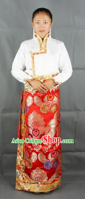 Chinese Traditional Zang Nationality Red Satin Bust Skirt, China Tibetan Ethnic Heishui Dance Costume for Women