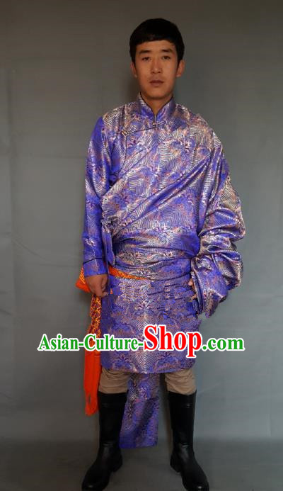 Chinese Traditional Zang Nationality Purple Tibetan Robe, China Tibetan Ethnic Heishui Dance Costume for Men