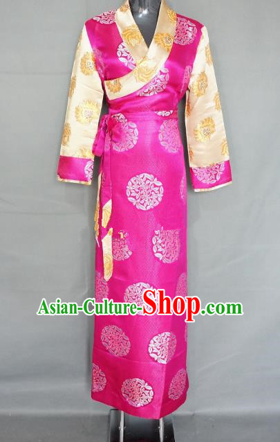 Chinese Zang Nationality Rosy Brocade Tibetan Dress, China Traditional Tibetan Ethnic Heishui Dance Costume for Women