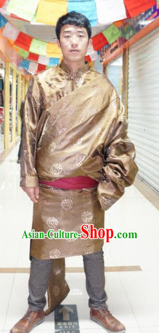 Chinese Traditional Zang Nationality Golden Tibetan Robe, China Tibetan Ethnic Heishui Dance Costume for Men