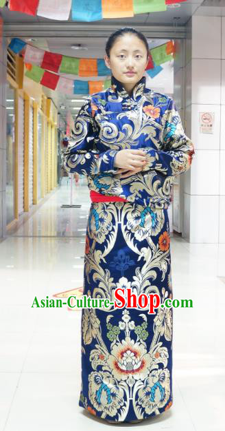 Chinese Zang Nationality Royalblue Brocade Tibetan Robe, China Traditional Tibetan Ethnic Heishui Dance Costume for Women