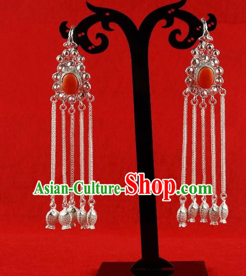 Chinese Traditional Zang Nationality Handmade Sliver Tassel Red Earrings, China Tibetan Ethnic Eardrop for Women