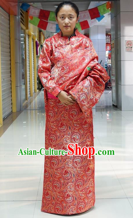 Chinese Zang Nationality Red Tibetan Robe, China Traditional Tibetan Ethnic Heishui Dance Costume for Women