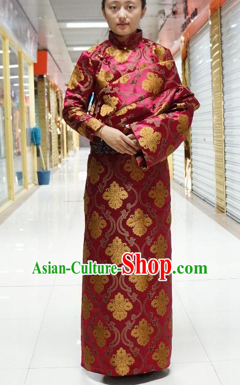 Chinese Zang Nationality Wine Red Satin Tibetan Robe, China Traditional Tibetan Ethnic Heishui Dance Costume for Women