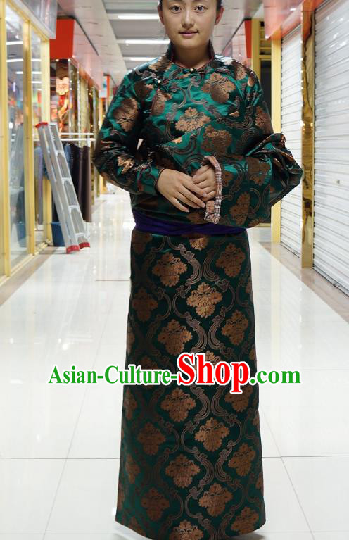 Chinese Zang Nationality Green Satin Tibetan Robe, China Traditional Tibetan Ethnic Heishui Dance Costume for Women