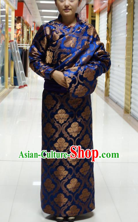 Chinese Zang Nationality Royalblue Satin Tibetan Robe, China Traditional Tibetan Ethnic Heishui Dance Costume for Women