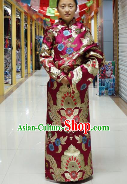 Chinese Zang Nationality Brocade Tibetan Robe, China Traditional Tibetan Ethnic Heishui Dance Costume for Women