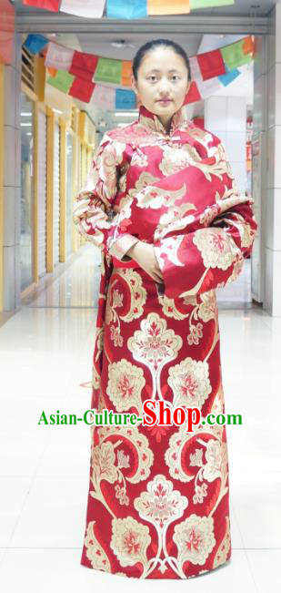 Chinese Zang Nationality Red Brocade Tibetan Robe, China Traditional Tibetan Ethnic Heishui Dance Costume for Women