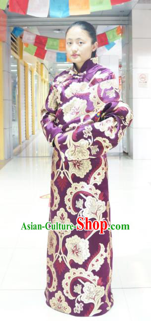 Chinese Zang Nationality Purple Brocade Tibetan Robe, China Traditional Tibetan Ethnic Heishui Dance Costume for Women