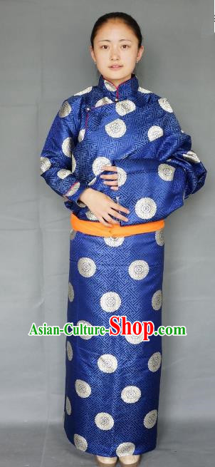 Chinese Zang Nationality Navy Tibetan Robe, China Traditional Tibetan Ethnic Heishui Dance Costume for Women