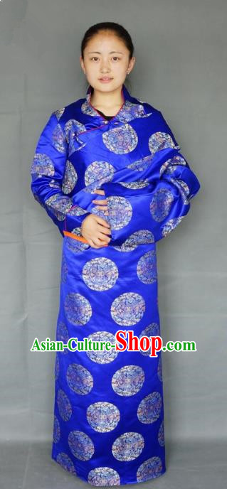 Chinese Zang Nationality Royalblue Tibetan Robe, China Traditional Tibetan Ethnic Heishui Dance Costume for Women