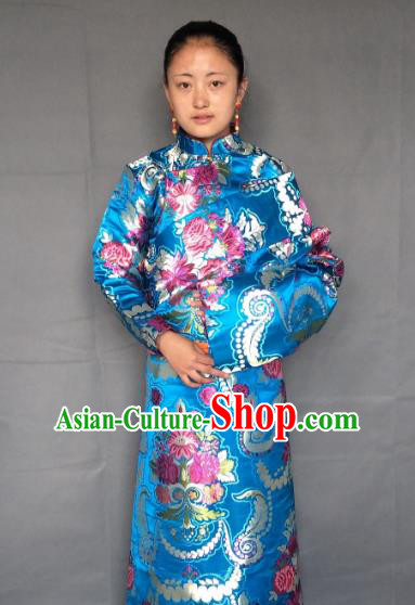 Chinese Zang Nationality Blue Tibetan Robe, China Traditional Tibetan Ethnic Heishui Dance Costume for Women