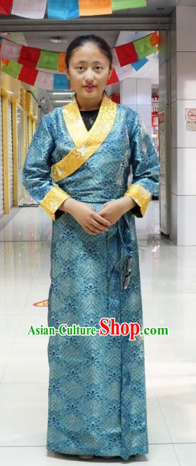 Chinese Zang Nationality Navy Tibetan Dress, China Traditional Tibetan Ethnic Heishui Dance Costume for Women