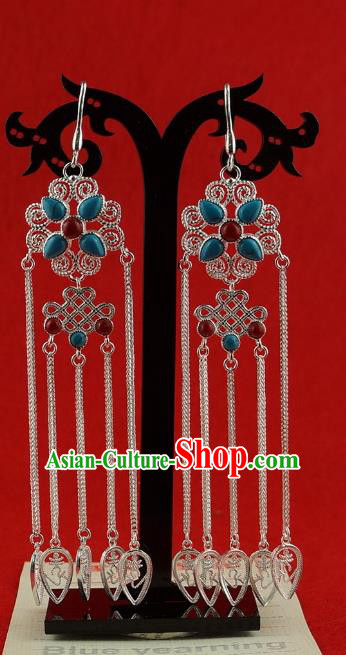 Chinese Traditional Zang Nationality Handmade Sliver Earrings, China Tibetan Ethnic Eardrop for Women