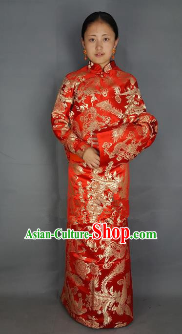 Chinese Zang Nationality Wedding Red Tibetan Robe, China Traditional Tibetan Ethnic Heishui Dance Costume for Women