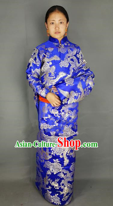 Chinese Zang Nationality Wedding Blue Tibetan Robe, China Traditional Tibetan Ethnic Heishui Dance Costume for Women