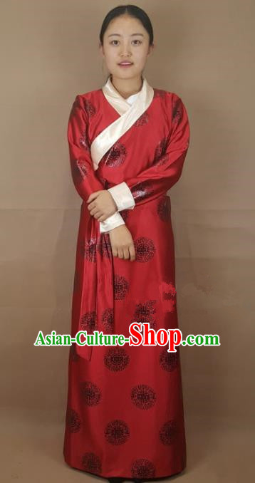 Chinese Zang Nationality Folk Dance Red Brocade Tibetan Robe, China Traditional Tibetan Ethnic Costume for Women