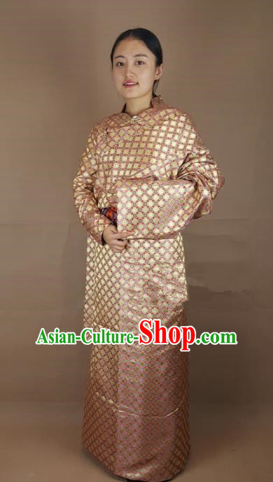 Chinese Zang Nationality Folk Dance Golden Brocade Tibetan Robe, China Traditional Tibetan Ethnic Costume for Women