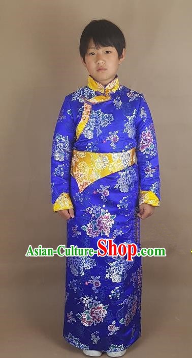 Chinese Traditional Zang Nationality Children Royalblue Tibetan Robe, China Tibetan Ethnic Heishui Dance Costume for Kids