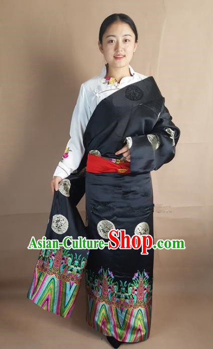 Chinese Zang Nationality Folk Dance Black Brocade Tibetan Robe, China Traditional Tibetan Ethnic Costume for Women