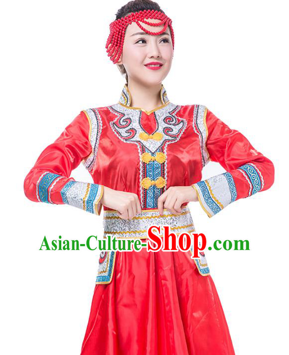 Traditional Chinese Mongol Nationality Costume, Mongolian Female Folk Dance Red Dress Clothing for Women