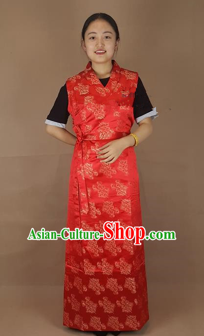 Chinese Zang Nationality Folk Dance Red Dress, China Traditional Tibetan Ethnic Costume for Women