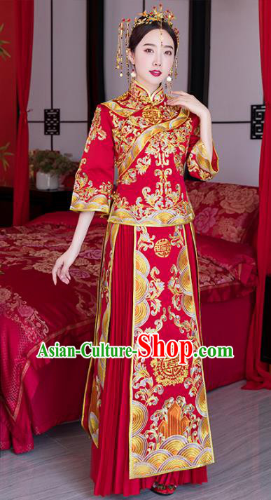 Chinese Ancient Wedding Costume Traditional Bride Xiuhe Suit Embroidered Peony Red Full Dress for Women