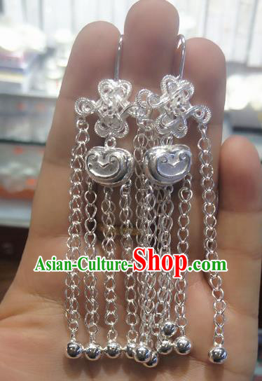 Chinese Traditional Zang Nationality Handmade Sliver Bells Earrings, China Tibetan Ethnic Tassel Eardrop for Women