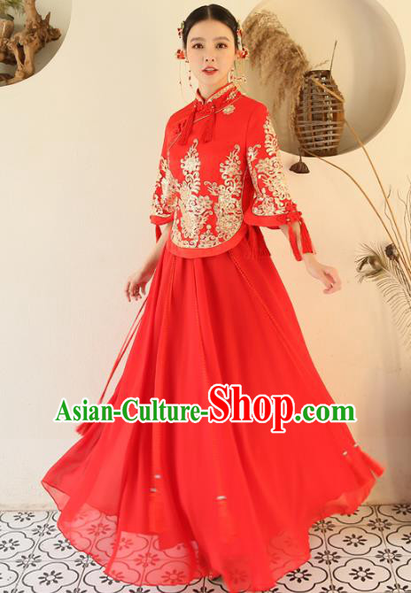 Chinese Traditional Wedding Red Costume Ancient Bride Embroidered Xiuhe Suit Full Dress for Women