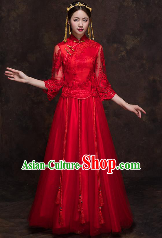 Chinese Traditional Wedding Red Lace Costume Ancient Bride Embroidered Xiuhe Suit Full Dress for Women