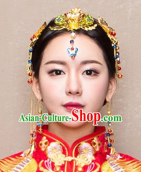 Chinese Traditional Handmade Wedding Blueing Butterfly Hair Accessories, China Ancient Bride Phoenix Coronet Hairpins for Women