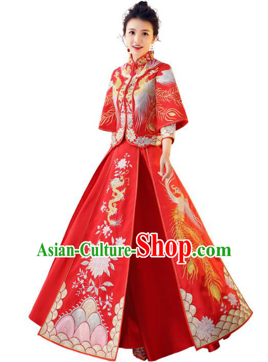 Chinese Traditional Wedding Toast Costume Ancient Bride Embroidered Xiuhe Suit Full Dress for Women