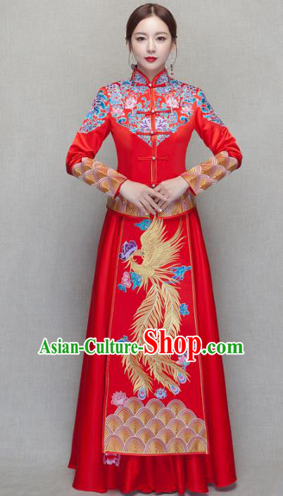 Chinese Traditional Wedding Bottom Drawer Ancient Bride Costume Embroidered Phoenix Xiuhe Suit Full Dress for Women