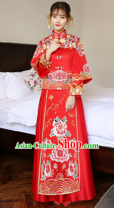 Chinese Traditional Wedding Bottom Drawer Ancient Bride Costume Embroidered Xiuhe Suit Red Full Dress for Women