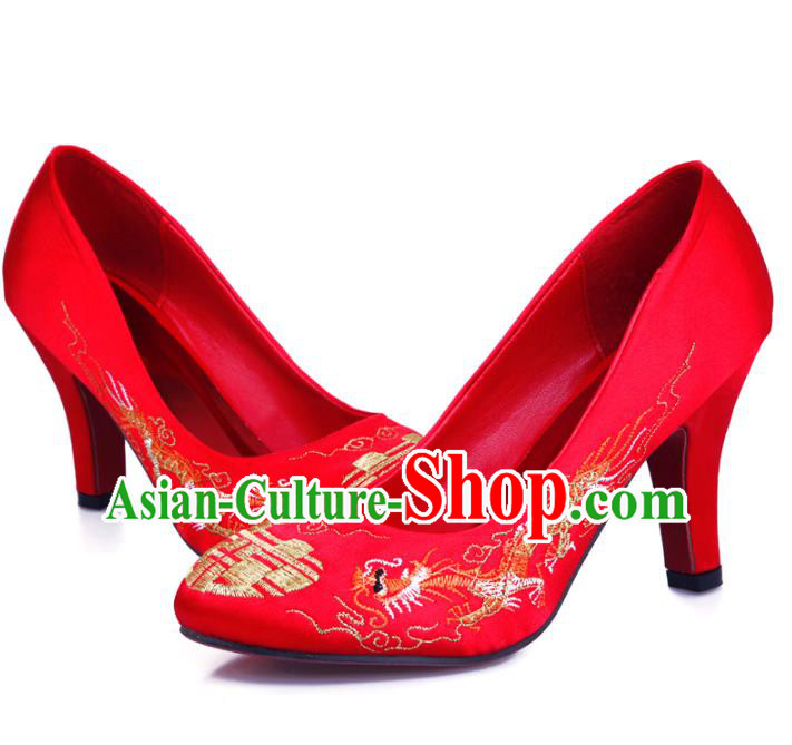 Chinese Traditional Handmade Wedding Embroidered Shoes Bride Red High-heeled Shoes for Women