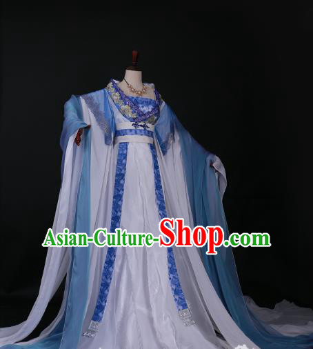 Traditional Chinese Princess Embroidered Costume Ancient Tang Dynasty Imperial Concubine Blue Hanfu Dress for Women