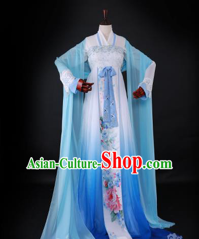 Chinese Ancient Princess Hanfu Dress Han Dynasty Palace Lady Embroidered Blue Costume for Women