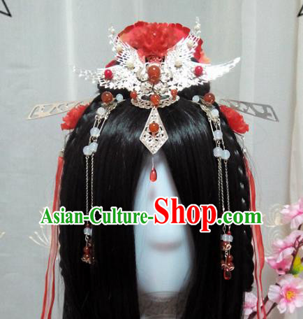 Chinese Traditional Handmade Swordswoman Wig and Hair Accessories Ancient Knight Phoenix Coronet Hairpins Headwear for Women