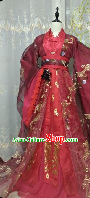 Chinese Ancient Princess Red Costume Cosplay Swordswoman Clothing Han Dynasty Imperial Concubine Hanfu Dress for Women
