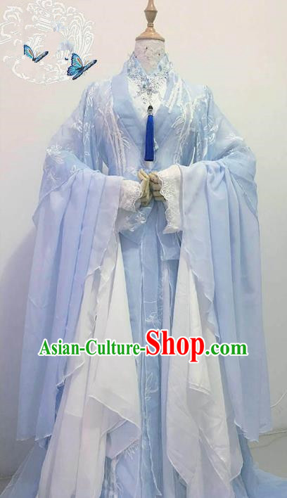 Chinese Ancient Costume Cosplay Imperial Concubine Clothing Han Dynasty Princess Embroidered Blue Hanfu Dress for Women