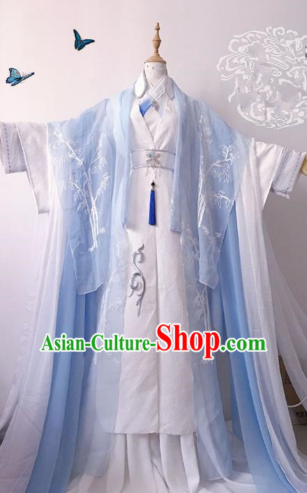 Chinese Ancient Nobility Childe Prince Blue Costume Cosplay Swordsman Embroidered Clothing for Men